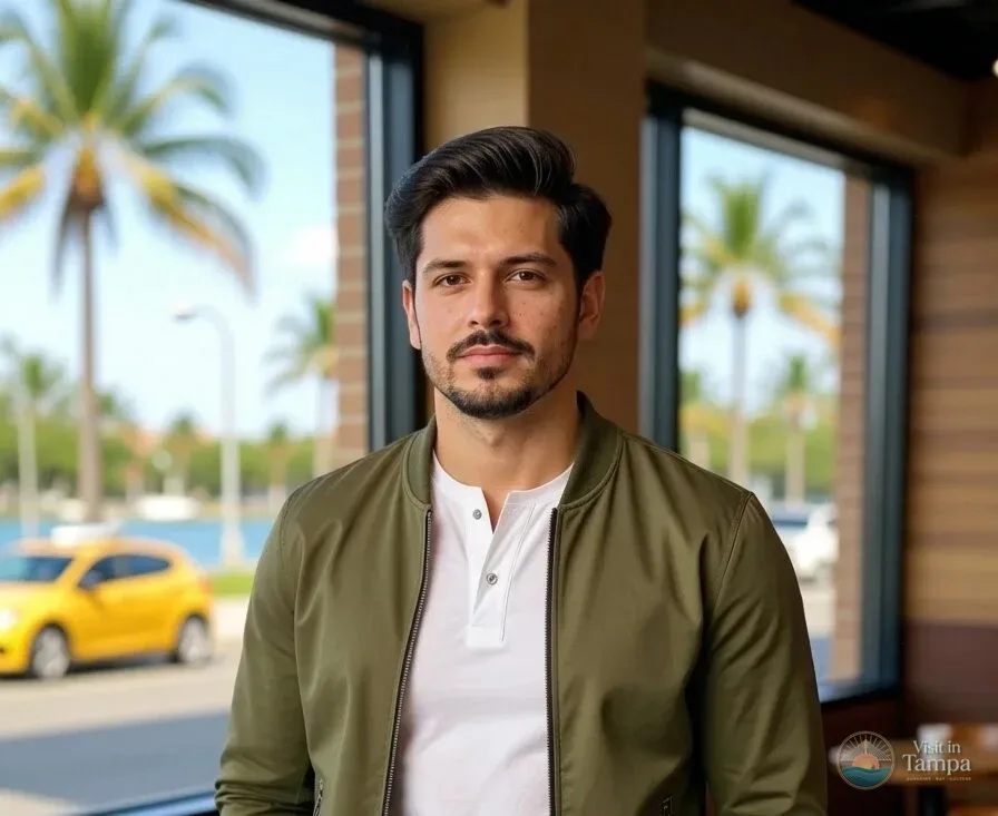 Ben Hayes in an olive bomber jacket and white henley, standing by windows with palm trees and a yellow taxi outside.