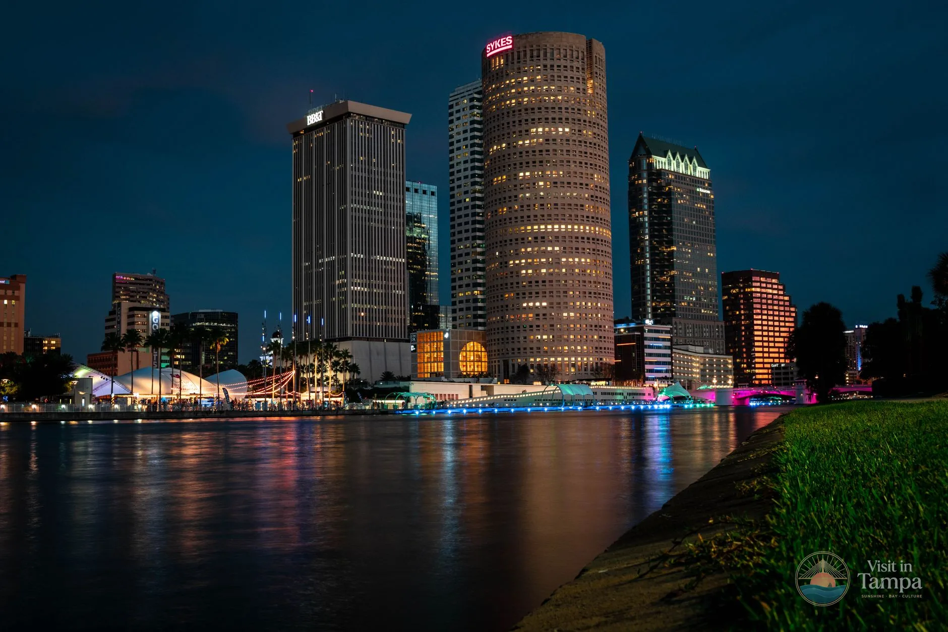 Downtown Tampa skyline seen from the Hillsborough River at dusk