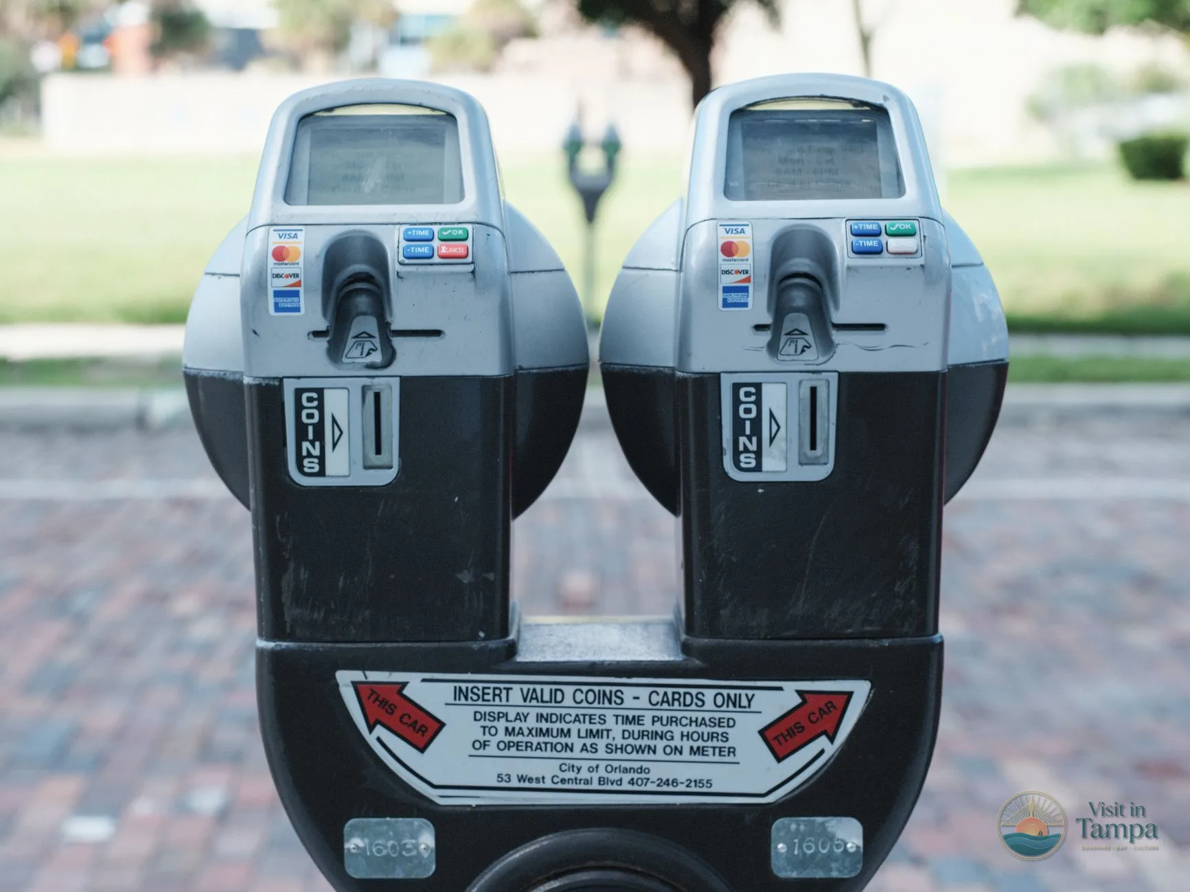 Street parking meters on North Franklin Street in downtown Tampa near the theatre